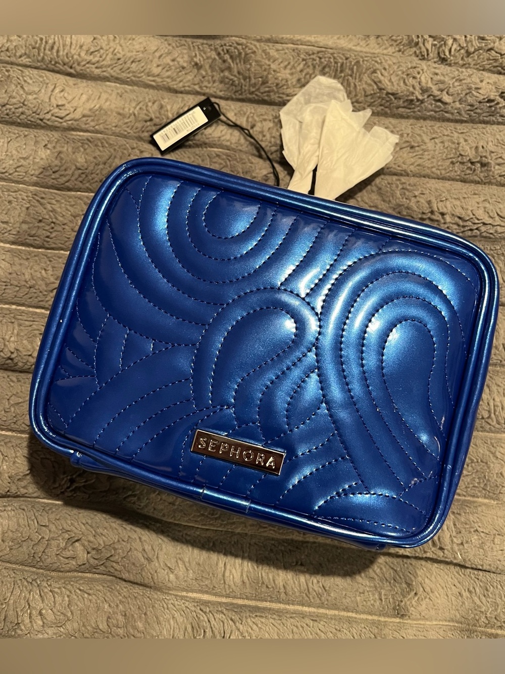 SEPHORA METALLIC BLUE QUILTED MAKEUP BAG CASE POUCH ZIPPER LIMITED EDITION NEW